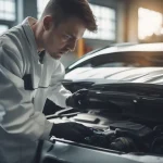 auto tech training with a diagnostic tablet in an auto shop